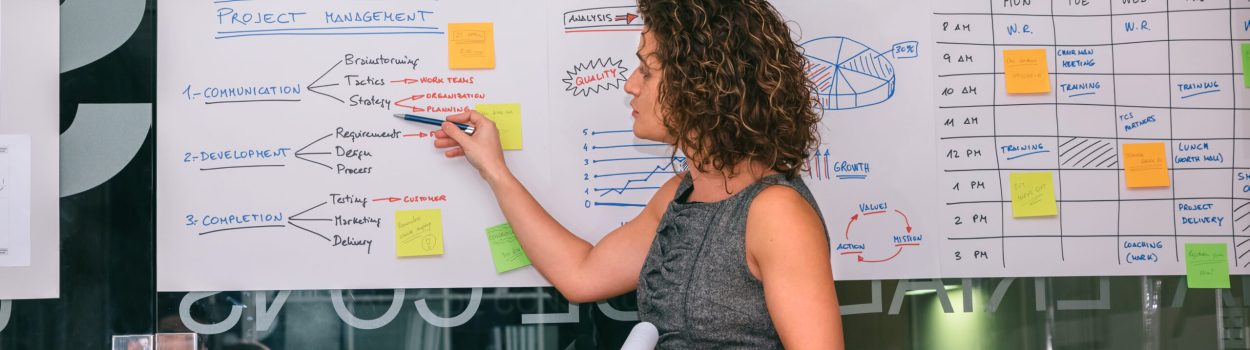 Mulher em ambiente corporativo apresentando um quadro de gestão de projetos, com anotações, gráficos e post-its em um painel branco, representando planejamento estratégico, comunicação e gestão de projetos em equipe.