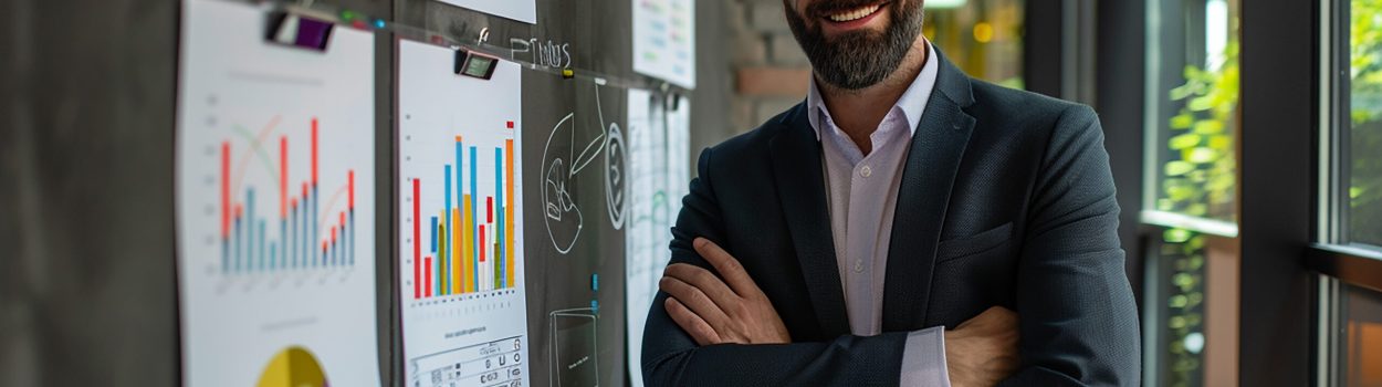 Profissional sorridente em ambiente corporativo, de braços cruzados ao lado de uma parede com gráficos, relatórios e diagramas fixados, representando análise de dados, estratégia de negócios e gestão de performance. Imagem de capa para o blogpost previsão estratégica e inovação: como prever mudanças de mercado